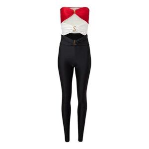 Yves Authentic Saint Laurent YSL Cutout Strapless Catsuit in Noir/Rouge/Blanc